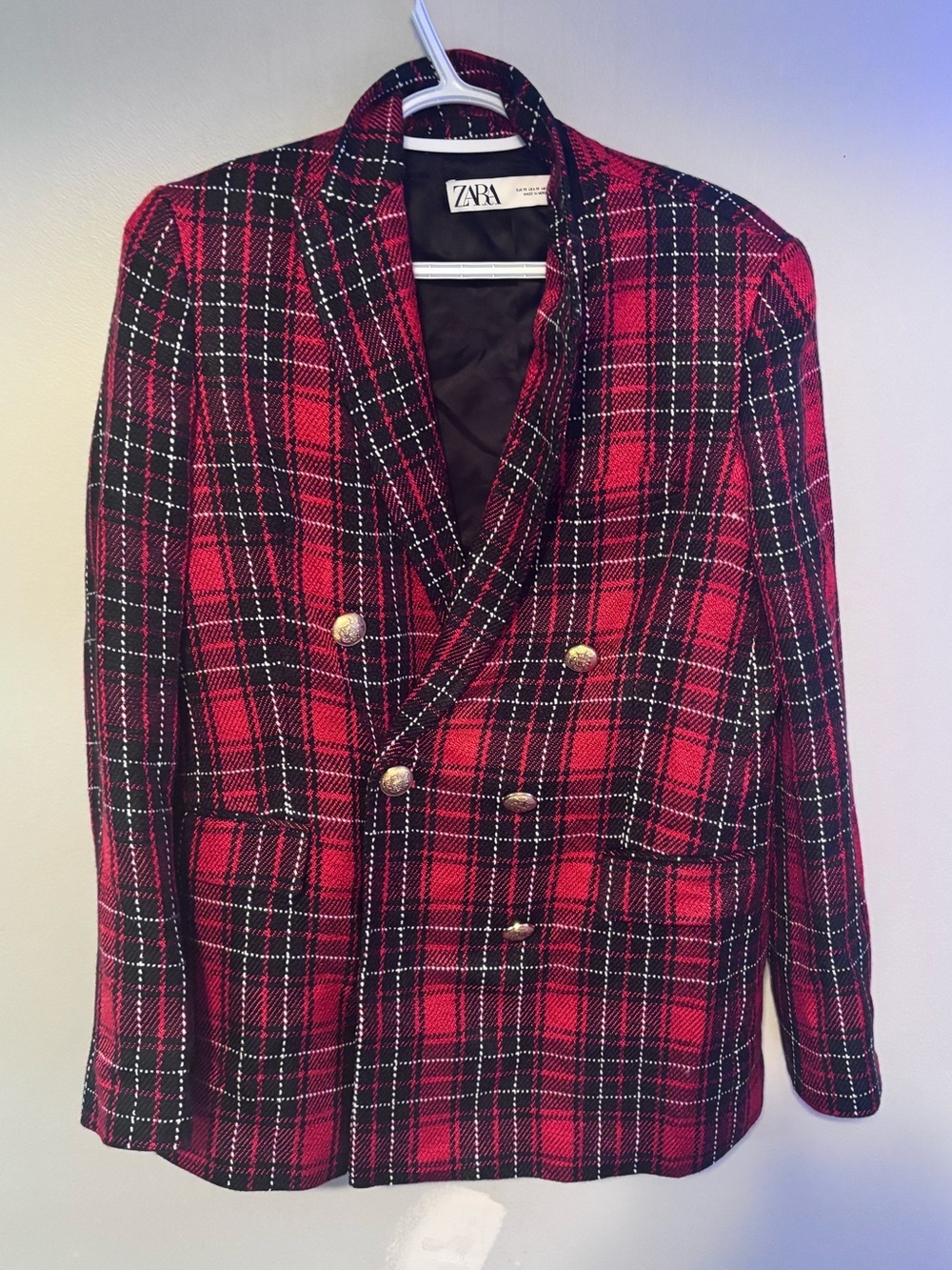 Zara Red Black Tartan Plaid Tweed Double Breasted Blazer Jacket Size Medium - Picture 5 of 12